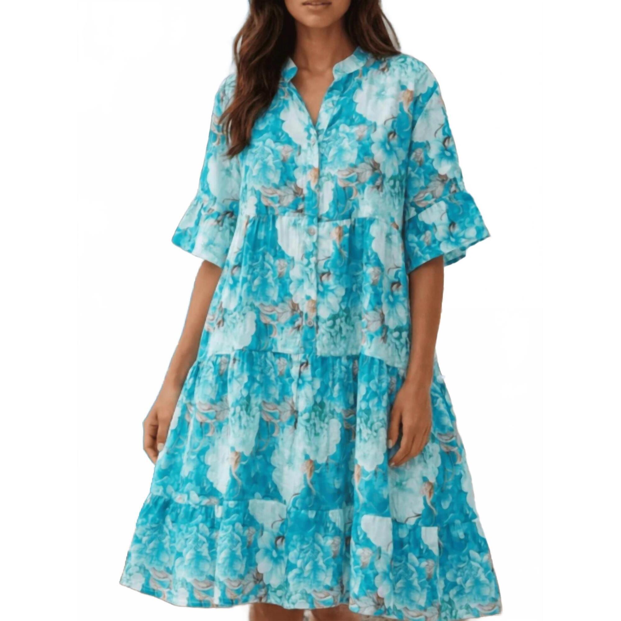 New Always Amalfi Floral Tiered Dress In Turquoise